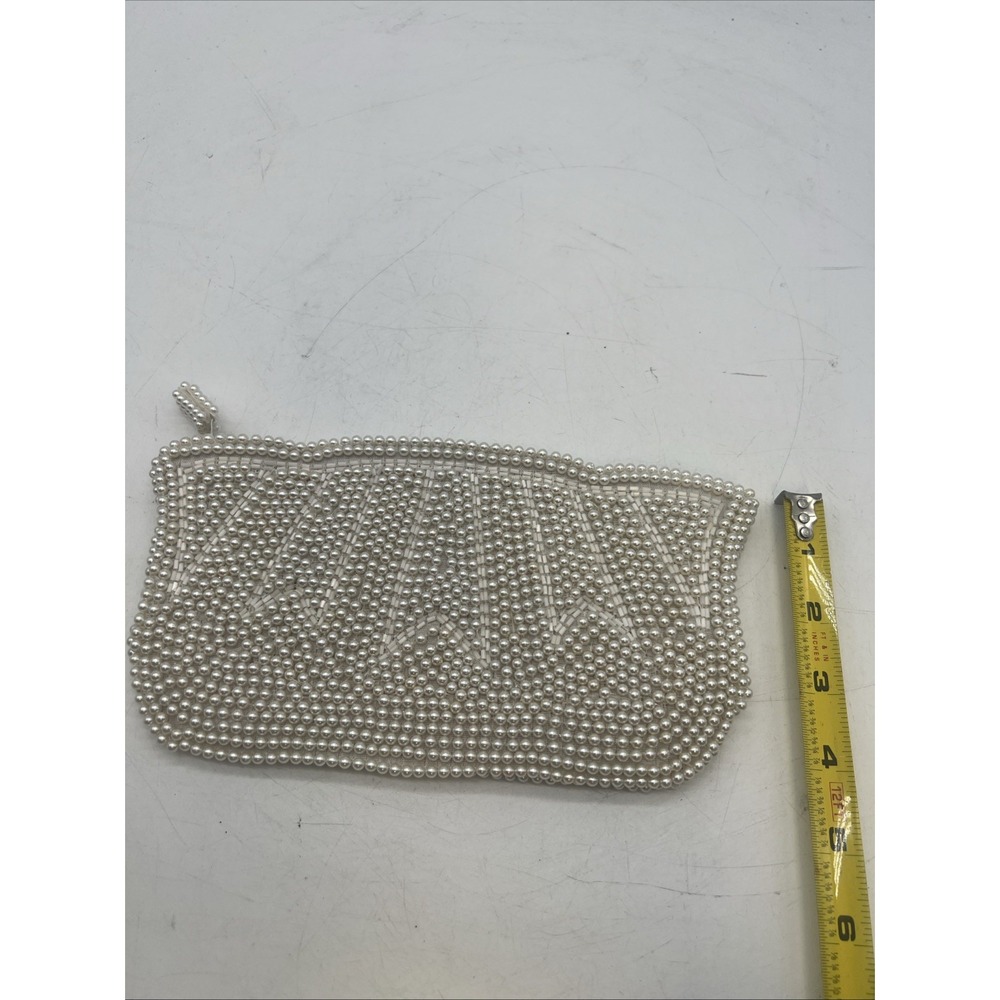 Vintage 1960s Ivory Cream Beaded‎ Small Clutch Zip Hand Made Japan Wedding - Picture 5 of 6